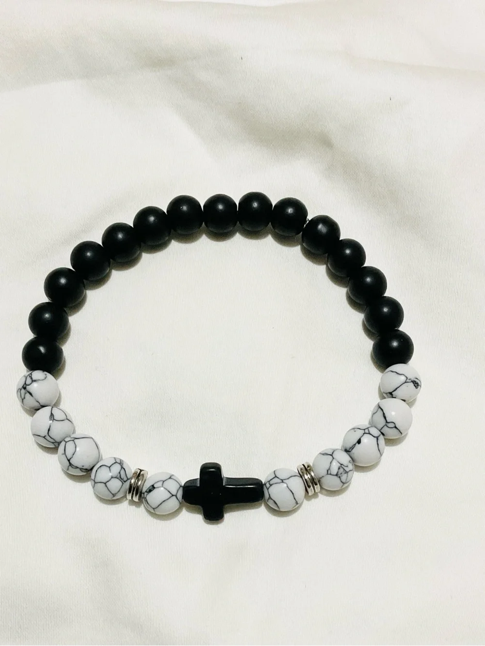 Men's Black & White Cross Beaded Bracelet Set
